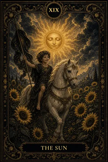 The Sun card from the Obsidian Arcana deck in Selene, with the number XIX and its title
